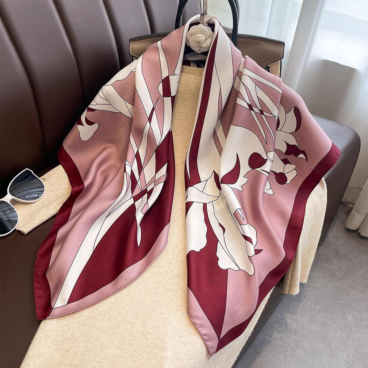 Ascot Neck Scarf - Luxo 90*90cm lenço quadrado sarja seda